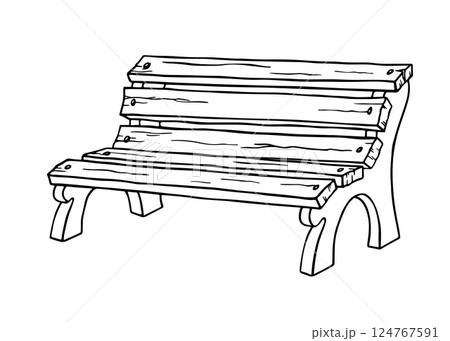 An old time damaged wooden park bench with massive metal legs. Outline illustration of weathered outdoor bench. Single object on white from Spring collection for theme background or scenery creating 124767591