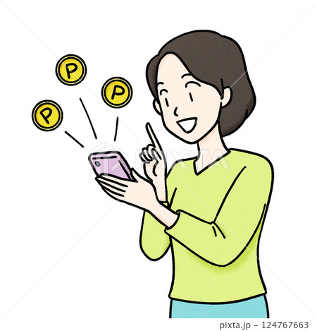 スマホでポイ活をする若い女性のイラスト 124767663
