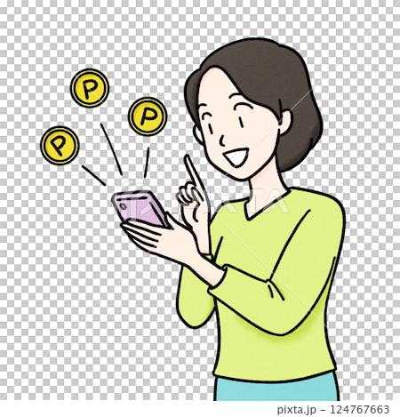 一位年輕女士透過智慧型手機賺取積分的插圖 124767663