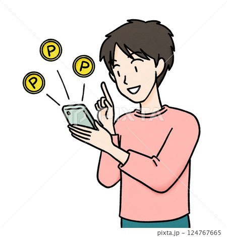 スマホでポイ活をする若い男性のイラスト 124767665