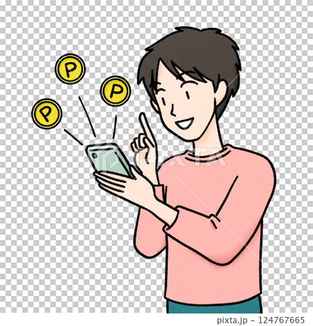 Illustration of a young man earning points using a smartphone Illustration of a young man earning points using a smartphone 124767665