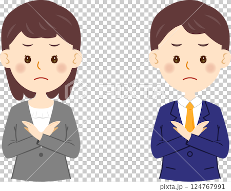 The upper body of a male and female office worker in a business suit showing a cross 124767991
