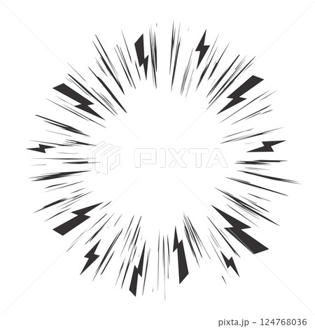 Comic speed lines effect. Anime vector radial burst on white background. Cartoon manga book perspective explosion with lightnings. Circle textured frame with sparkles and splashes Comic speed lines effect. Anime vector radial burst on white background. Cartoon manga book perspective explosion with lightnings. Circle textured frame with sparkles and splashes 124768036