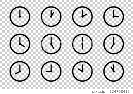 1シンプルな1時間ごとのアナログ時計アイコンセット（モノクロ） 124768412