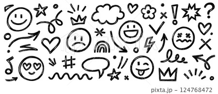 Smile brush hand drawn vector element set. Emoji fun face, heart, crown symbol crayon texture marker background kid sketch style hand drawn element. Scribble shape, smiley face. Vector 124768472