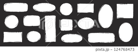 Brush frame rough rectangle box shape set. Text box frame rough grunge square, oval paint shape element. Hand drawn texture grunge brush rectangle, circle round text border. Vector 124768473