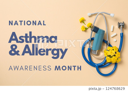 Asthma and Allergy awareness month, Bright yellow flowers and a stethoscope highlight the importance of asthma and allergy awareness 124768629
