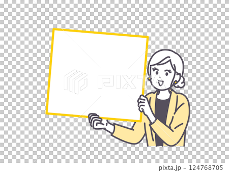 Illustration of a young woman holding a flip board and making an announcement 124768705