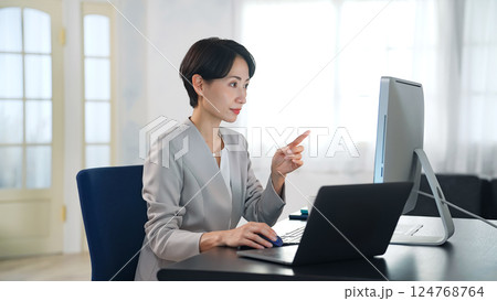 暗いオフィスでパソコンを使って作業する女性ビジネスパーソン 124768764