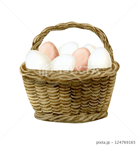 White and brown eggs in vintage wicker basket with handle watercolor isolated illustration. Farm natural goods clipart for countryside and village designs and Easter greeting cards 124769165