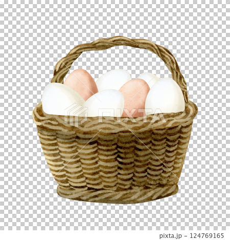 White and brown eggs in vintage wicker basket with handle watercolor isolated illustration. Farm natural goods clipart for countryside and village designs and Easter greeting cards 124769165