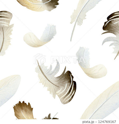 White and brown feathers watercolor seamless pattern. Goose and chicken down repeat background. Simple hand drawn bird clipart for monochrome farm and Easter designs 124769167