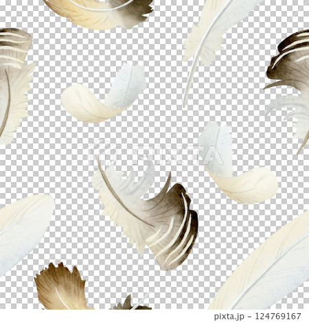 White and brown feathers watercolor seamless pattern. Goose and chicken down repeat background. Simple hand drawn bird clipart for monochrome farm and Easter designs 124769167
