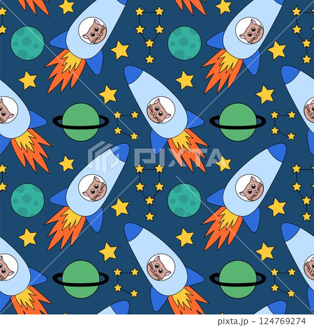 Space Seamless Pattern with Cute cat astronaut in rocket, Planets and Stars, Constellation. Vector Background for Kids Design. Flat Illustration. 124769274