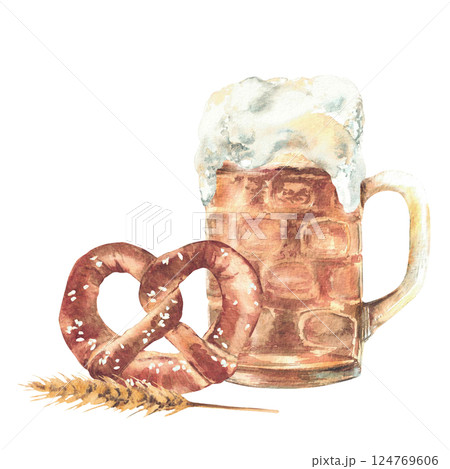 Mug of Beer with bretzel and spike malt. Pint of drinks and traditional Germany pretzel with salt. Watercolor hand painted isolated illustration. Traditional Bavarian food and drink at Oktoberfest. 124769606