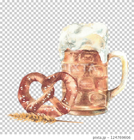 Mug of Beer with bretzel and spike malt. Pint of drinks and traditional Germany pretzel with salt. Watercolor hand painted isolated illustration. Traditional Bavarian food and drink at Oktoberfest. 124769606