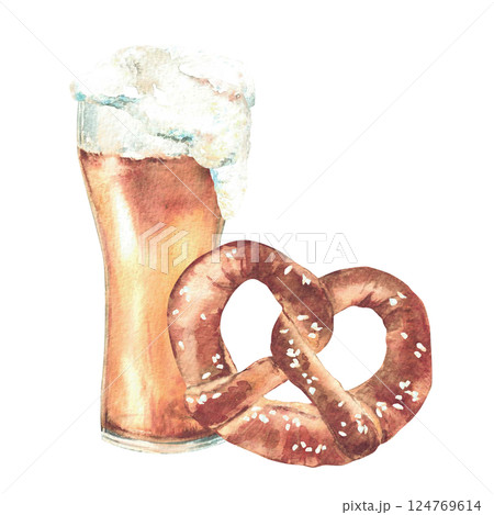 Glass of Beer with pretzel. Foamy drinks and traditional Germany bretzel snack with salt. Watercolor hand drawn illustration appetizer in Bavaria at the Oktoberfest isolated in white clipart for menu Glass of Beer with pretzel. Foamy drinks and traditional Germany bretzel snack with salt. Watercolor hand drawn illustration appetizer in Bavaria at the Oktoberfest isolated in white clipart for menu 124769614