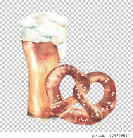 Glass of Beer with pretzel. Foamy drinks and traditional Germany bretzel snack with salt. Watercolor hand drawn illustration appetizer in Bavaria at the Oktoberfest isolated in white clipart for menu Glass of Beer with pretzel. Foamy drinks and traditional Germany bretzel snack with salt. Watercolor hand drawn illustration appetizer in Bavaria at the Oktoberfest isolated in white clipart for menu 124769614