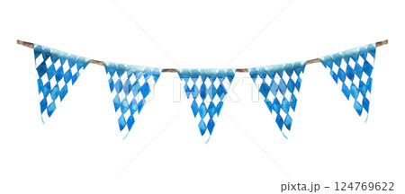 Flags on the rope. Blue rhombus on white background triangular pennant. Oktoberfest festival traditional ornament garland. Watercolor painted illustration. Elements of Bavarian flag. Isolated clipart Flags on the rope. Blue rhombus on white background triangular pennant. Oktoberfest festival traditional ornament garland. Watercolor painted illustration. Elements of Bavarian flag. Isolated clipart 124769622