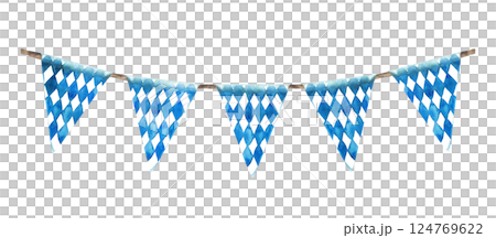 Flags on the rope. Blue rhombus on white background triangular pennant. Oktoberfest festival traditional ornament garland. Watercolor painted illustration. Elements of Bavarian flag. Isolated clipart Flags on the rope. Blue rhombus on white background triangular pennant. Oktoberfest festival traditional ornament garland. Watercolor painted illustration. Elements of Bavarian flag. Isolated clipart 124769622