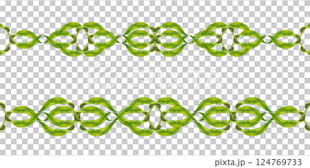 Green, symmetrical, twisted vines, leaves in vignette. Seamless border template. Watercolor illustration, elegant, nature-inspired, for wedding invitations, botanical designs or eco branding accents 124769733