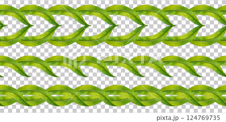 Green, symmetrical, twisted vines, leaves in vignette. Seamless border template. Watercolor illustration, elegant, nature-inspired, for wedding invitations, botanical designs or eco branding accents 124769735