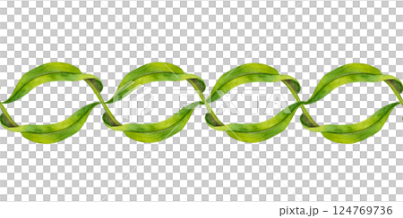 Green, symmetrical, twisted vines, leaves in vignette. Seamless border template. Watercolor illustration, elegant, nature-inspired, for wedding invitations, botanical designs or eco branding accents 124769736