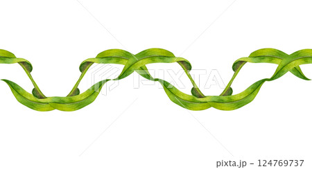 Green, symmetrical, twisted vines, leaves in vignette. Seamless border template. Watercolor illustration, elegant, nature-inspired, for wedding invitations, botanical designs or eco branding accents 124769737