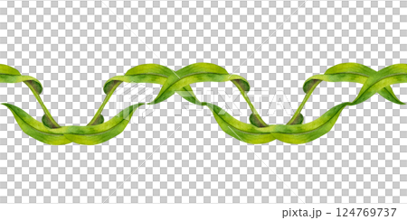 Green, symmetrical, twisted vines, leaves in vignette. Seamless border template. Watercolor illustration, elegant, nature-inspired, for wedding invitations, botanical designs or eco branding accents 124769737