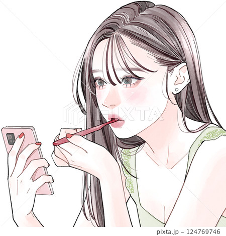 スマホを見ながら歯磨きしている女性 124769746
