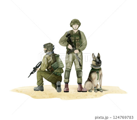 K9 unit with handler soldiers and sitting German shepherd dog watercolor illustration isolated on white. Oketz military guard dog for military Veteran day and canine special forces designs. K9 unit with handler soldiers and sitting German shepherd dog watercolor illustration isolated on white. Oketz military guard dog for military Veteran day and canine special forces designs. 124769783