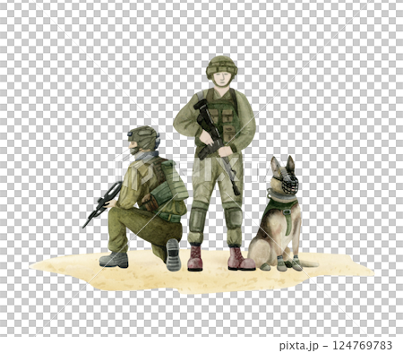 K9 unit with handler soldiers and sitting German shepherd dog watercolor illustration isolated on white. Oketz military guard dog for military Veteran day and canine special forces designs. K9 unit with handler soldiers and sitting German shepherd dog watercolor illustration isolated on white. Oketz military guard dog for military Veteran day and canine special forces designs. 124769783