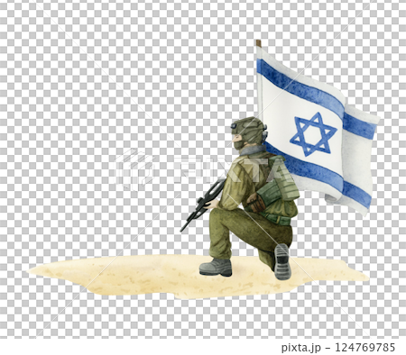Israel IDF soldier sitting near state flag watercolor isolated illustration. Israeli military man on desert sand ground for Veteran and Remembrance Day. 7th of October and Independence army clipart Israel IDF soldier sitting near state flag watercolor isolated illustration. Israeli military man on desert sand ground for Veteran and Remembrance Day. 7th of October and Independence army clipart 124769785