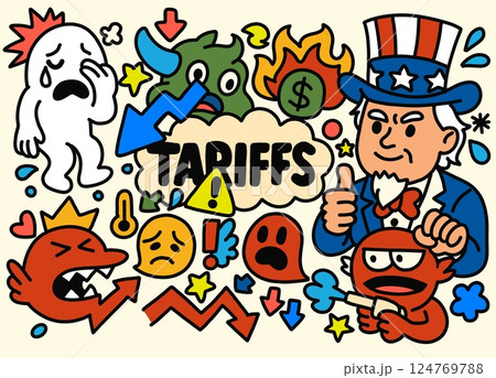 Colorful cartoon chaos about global tariff crisis 124769788