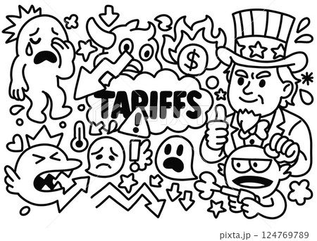Cartoon illustration of global economic tariff chaos 124769789