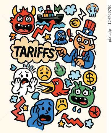 Colorful cartoon chaos reacting to global tariffs 124769790