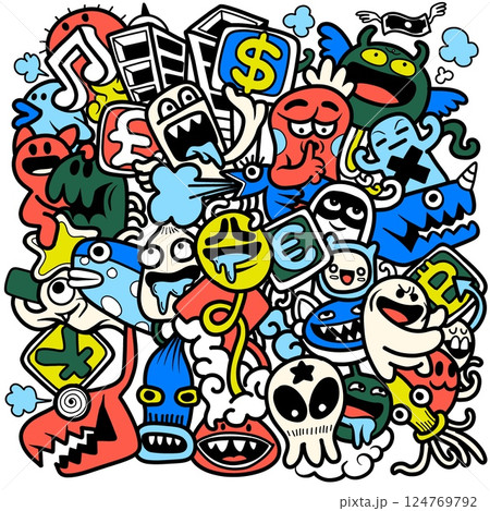 Colorful doodle chaos with economic symbols 124769792