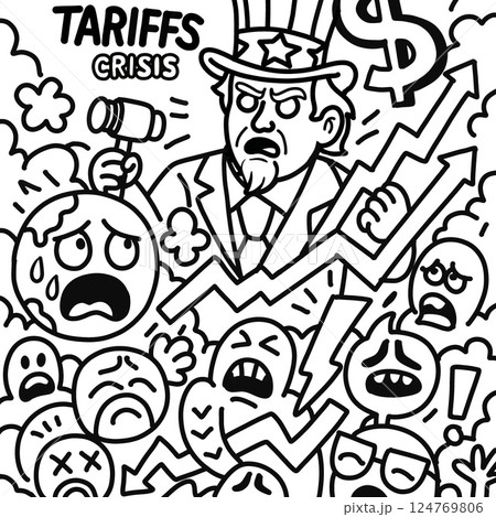 Tariff crisis cartoon with economic impact 124769806