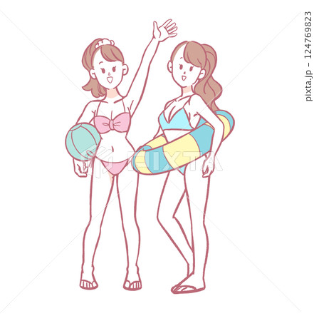 水着姿の若い女性2人のイラスト 124769823