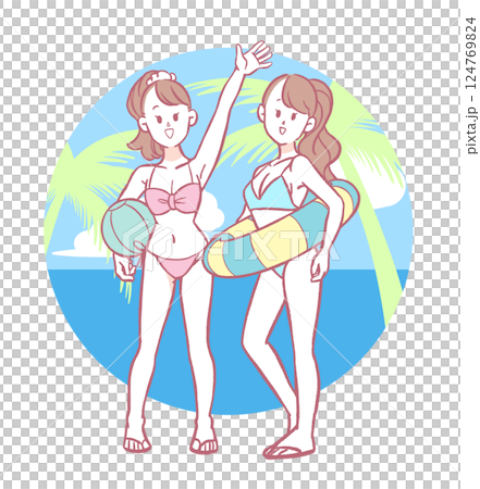 海灘度假村兩位身穿泳衣的年輕女子 124769824