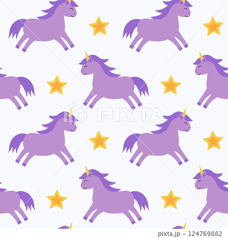 Seamless Pattern, Purple Unicorn with stars. Children Vector Flat Illustration. 124769882