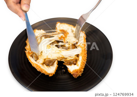 Top view of camembert cheese croquette with fork, focus selective Top view of camembert cheese croquette with fork, focus selective 124769934