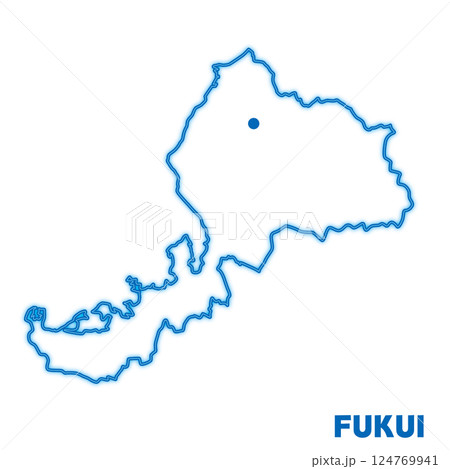 福井県単独の地図イラスト　都道府県別のネオン調の線画　県庁所在地 124769941