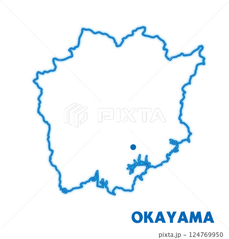 岡山県単独の地図イラスト　都道府県別のネオン調の線画　県庁所在地 124769950