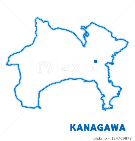 神奈川県単独の地図イラスト　都道府県別のネオン調の線画　県庁所在地 124769978