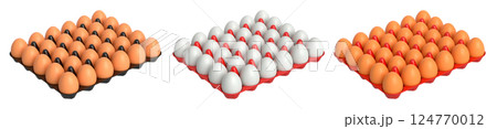 Plastic trays filled with neatly stacked brown and white eggs, isolated on white transparent background. 124770012