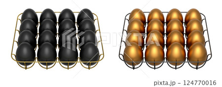Metal trays filled with neatly stacked gold and black eggs, isolated on white transparent background. Metal trays filled with neatly stacked gold and black eggs, isolated on white transparent background. 124770016