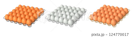 Metal trays filled with neatly stacked white and brown eggs, isolated on white transparent background. 124770017