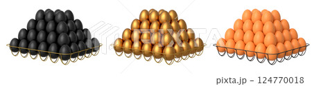Metal trays filled with neatly stacked brown, gold and black eggs, isolated on white transparent background. 124770018