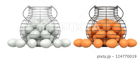 Wire baskets filled with eggs, isolated on white transparent background, concept of kitchen storage Wire baskets filled with eggs, isolated on white transparent background, concept of kitchen storage 124770019
